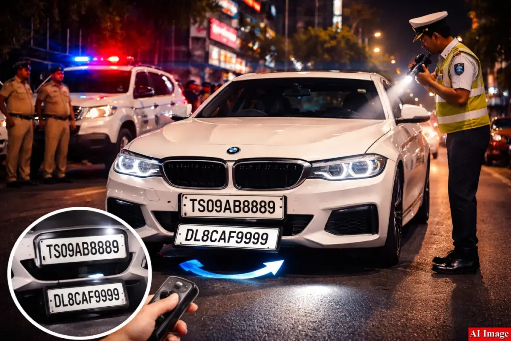 शातिर दिमाग: चालान से बचने के लिए बटन दबाकर बदल देता था नंबर प्लेट, बीएमडब्ल्यू कार जब्त