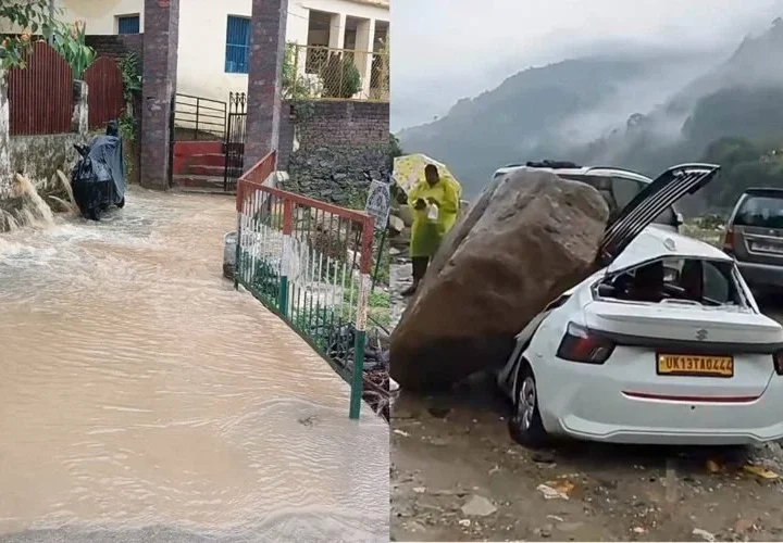 मूसलाधार बारिश का कहर: जलभराव, कार पर गिरा पत्थर, 17 सड़कें बंद, जनजीवन अस्त-व्यस्त