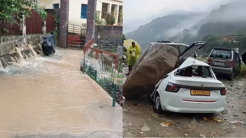 मूसलाधार बारिश का कहर: जलभराव, कार पर गिरा पत्थर, 17 सड़कें बंद, जनजीवन अस्त-व्यस्त