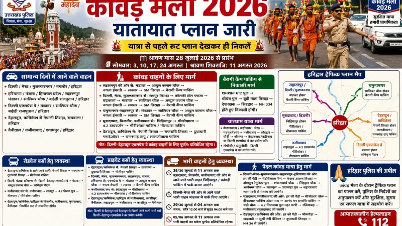कांवड़ मेला-2026 : हरिद्वार पुलिस ने जारी किया विस्तृत ट्रैफिक प्लान, यात्रा से पहले रूट देखकर ही निकलें श्रद्धालु